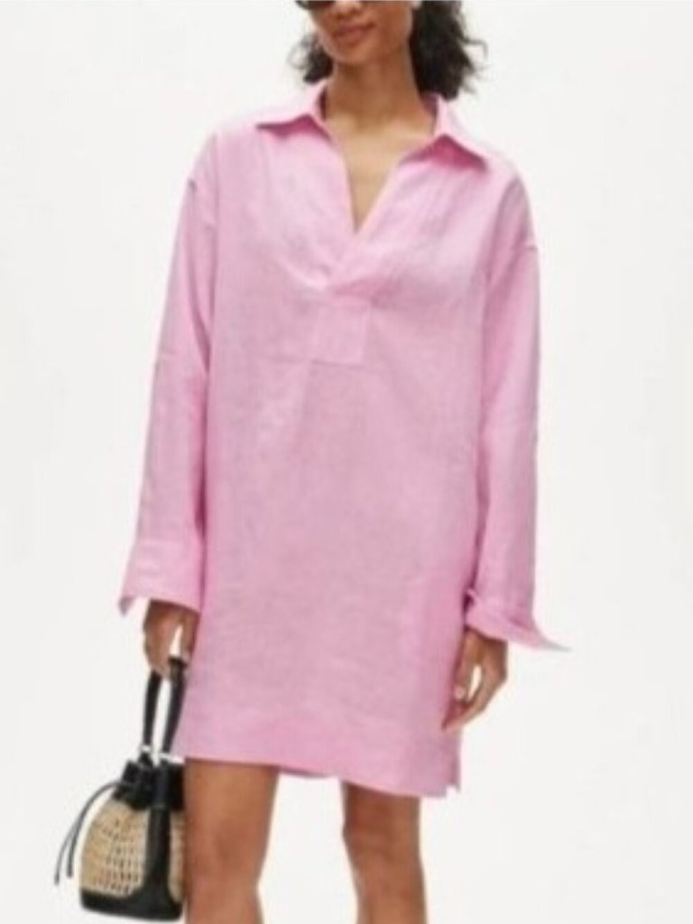 NWT J.Crew Linen V-Neck Popover Dress XXS Pink Long Sleeves Mini Pockets Casual